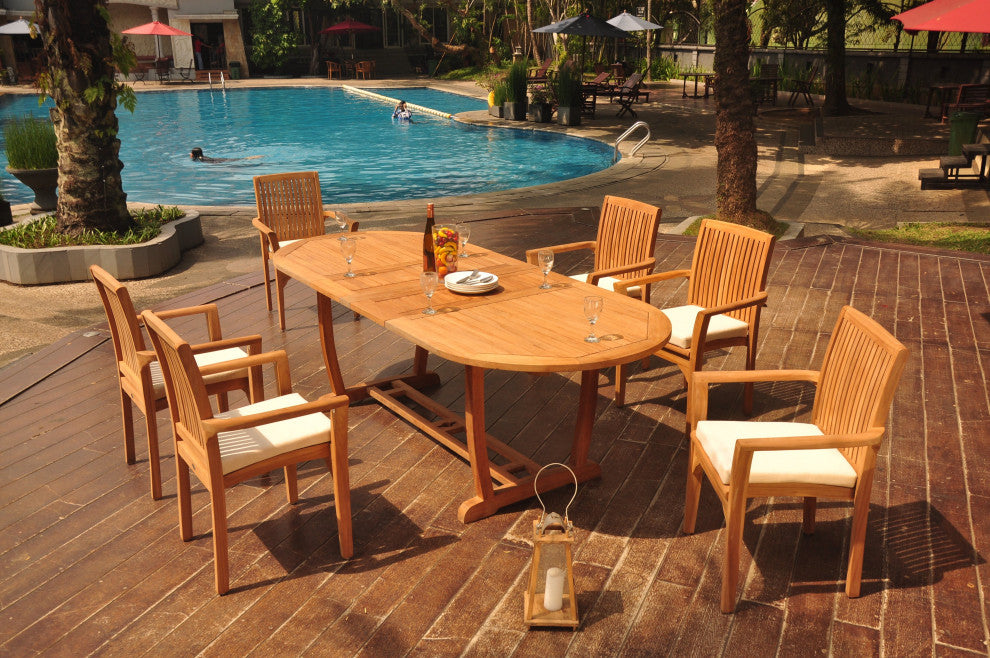7-Piece Outdoor Teak Dining Set: 94" Masc Oval Table, 6 Lua Stacking Arm Chairs