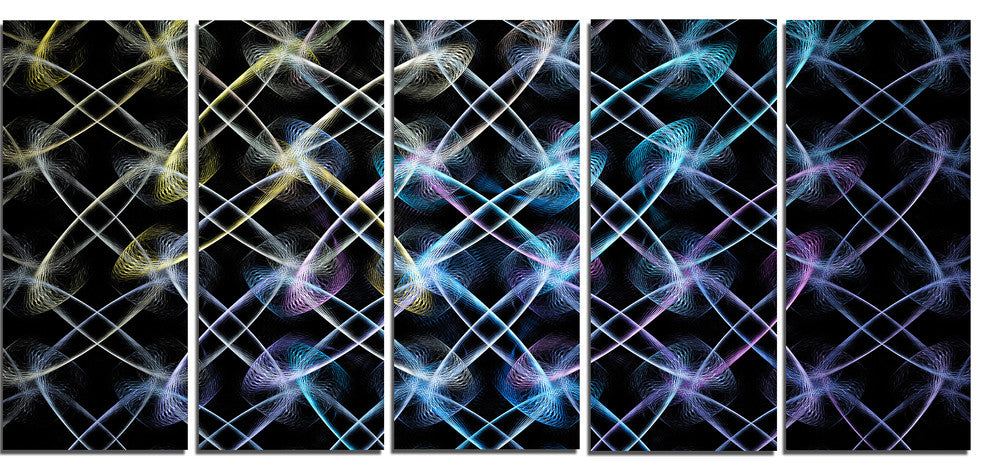 Blue Unusual Fractal Metal Grill, Abstract Canvas Wall Art, 60"x28", 5 Panels