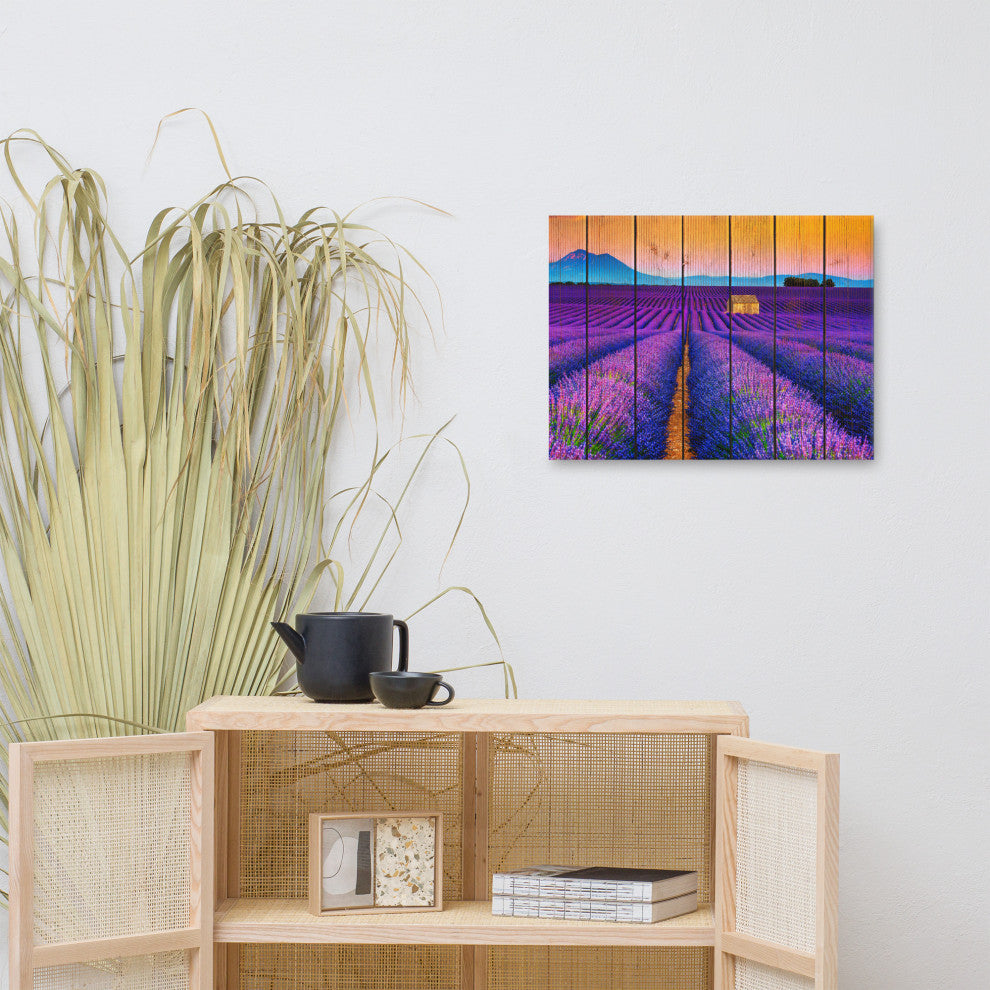 Faux Wood Lavender Fields and Sunset Landscape Canvas Prints, 18" X 24"