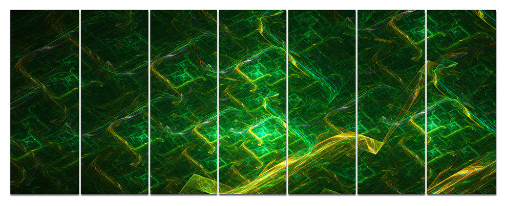 Green Fractal Electric Lightning, Abstract Art on Canvas, 83"x32", 7 Panels