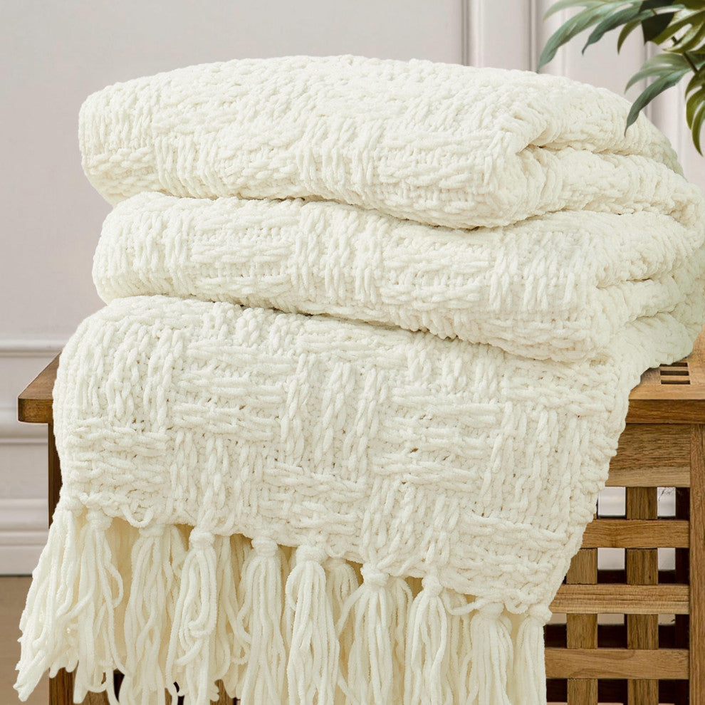 Cable Knitted Throw Blanket, Antique White, 50" X 60"