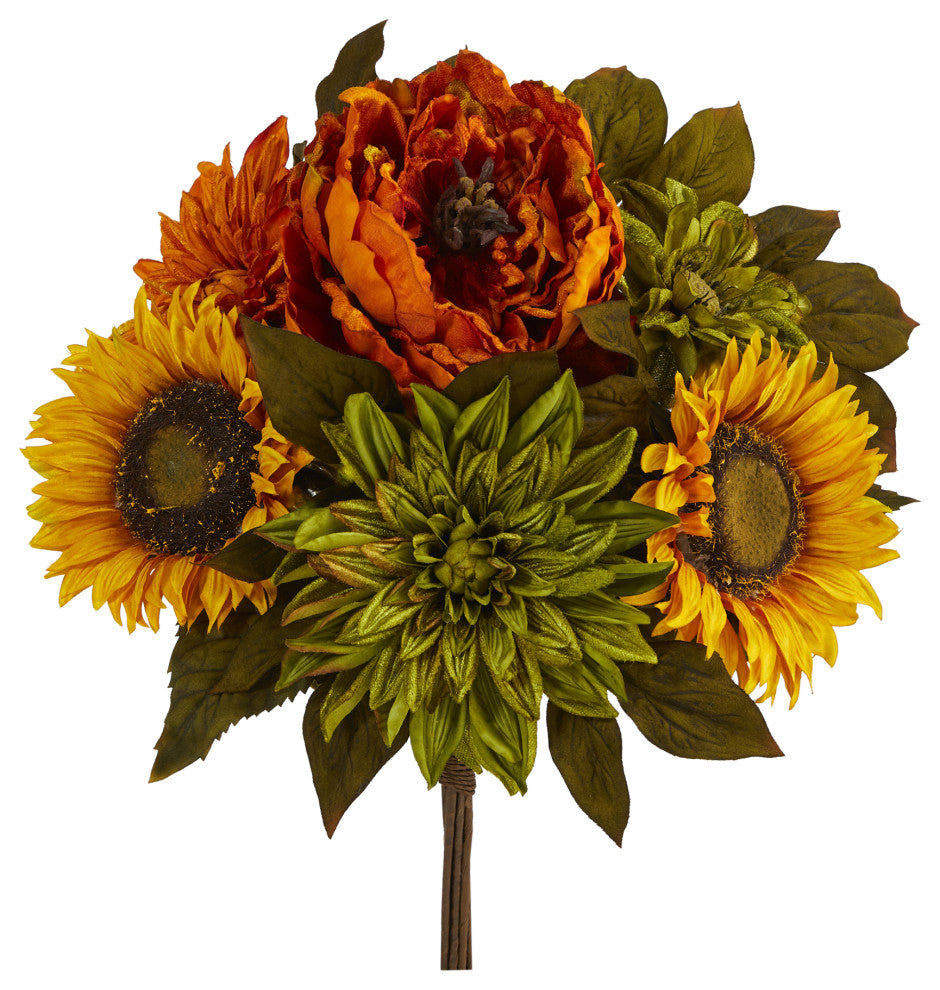16" Peony, Dahlia and Sunflower Artificial Flower Bouquet, Set of 2