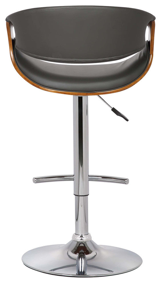 Jerrod Adjustable Swivel Barstool, Gray Faux Leather With Chrome & Walnut Wood