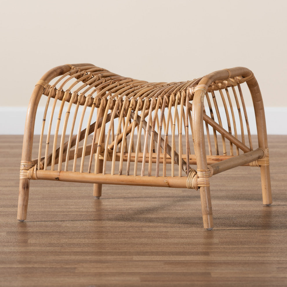 Lamaria Modern Bohmenian Natural Brown Antique Rattan Footstool