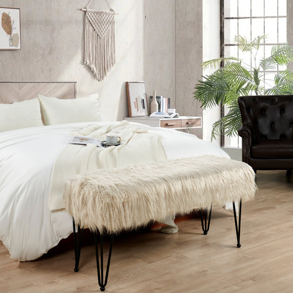 Mongolian Fur Ottoman, Oatmeal, 46"x16"x22"