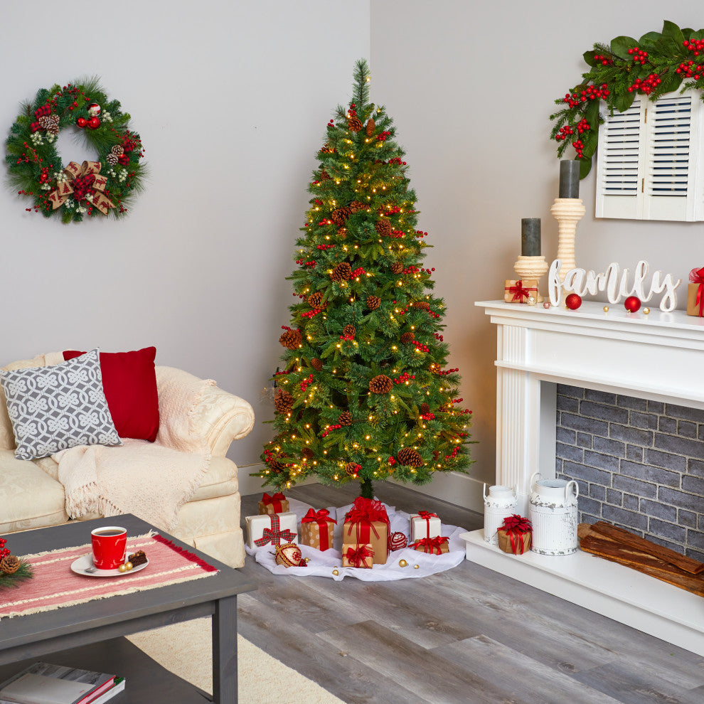 6.5' Norway Mixed Pine Faux Xmas Tree With 350 Clear Lights, Pinecones & Berries