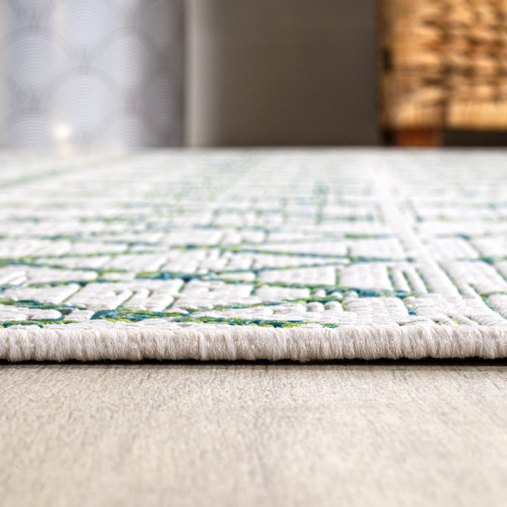 Ourika Moroccan Geometric Indoor/Outdoor Rug, Green/Ivory, 5' Square