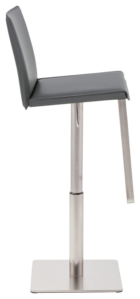 Kailee Adjustable Bar Stool, Brushed Stainless Steel, Leather, Gray