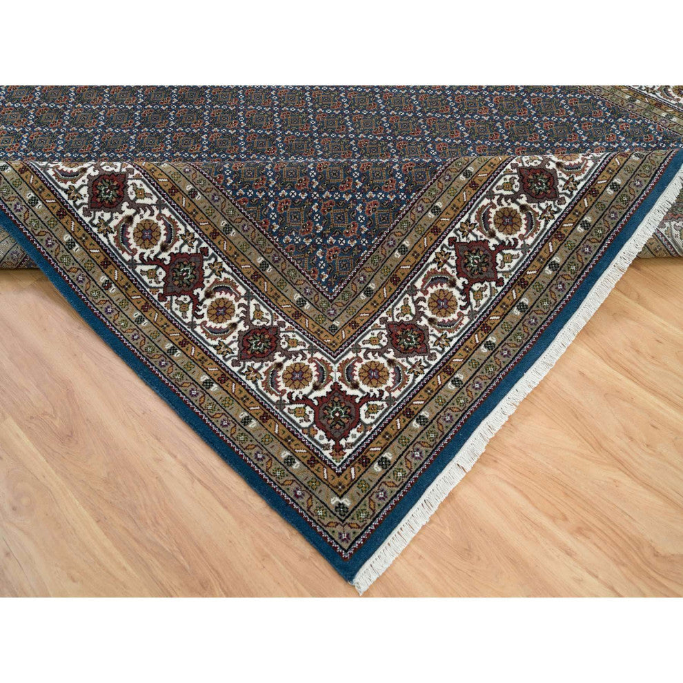 Mavericks Blue Herrita Design 100% Wool 175 KPSI Hand Knotted Rug, 8'x10'4"