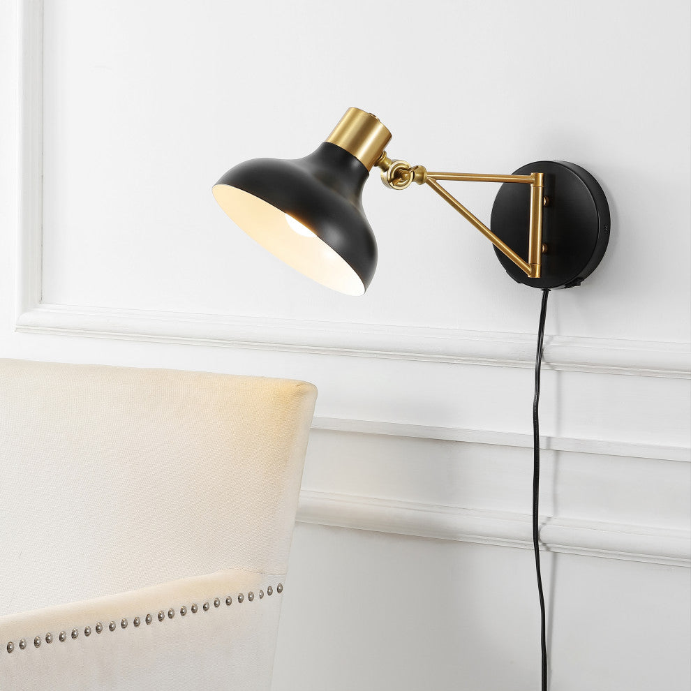 Lynn Swing Arm 1-Light Modern Midcentury Iron USB Charging Port LED Sconce, Blac