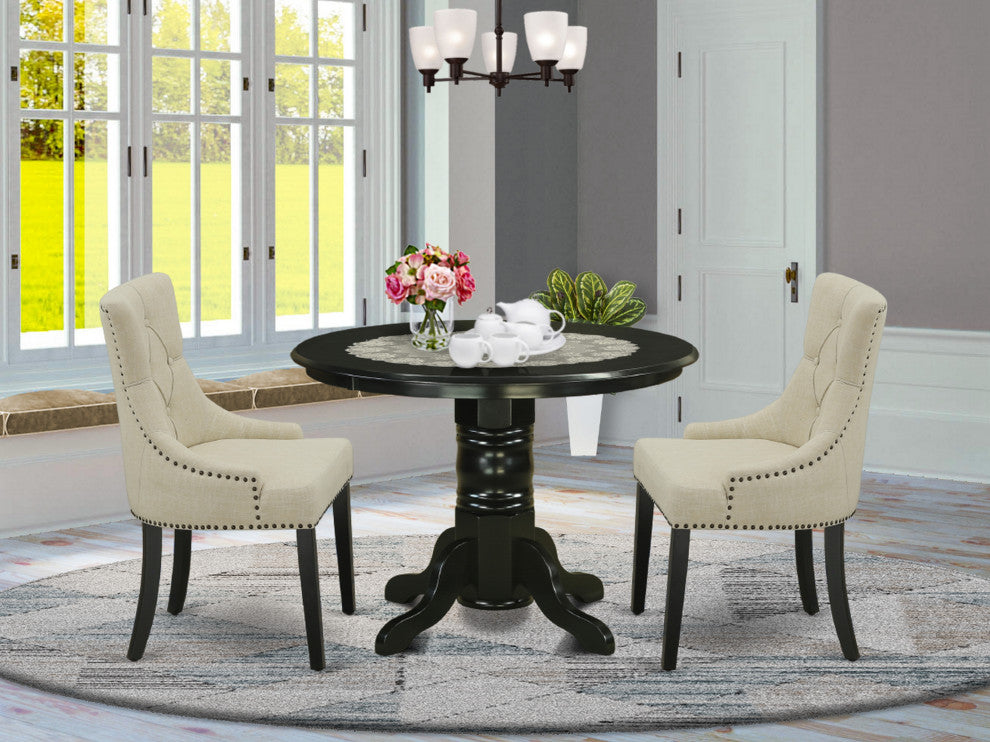 3Pc Dinette Set, Round Table, Two Parson Chairs, Light Beige Fabric, Black