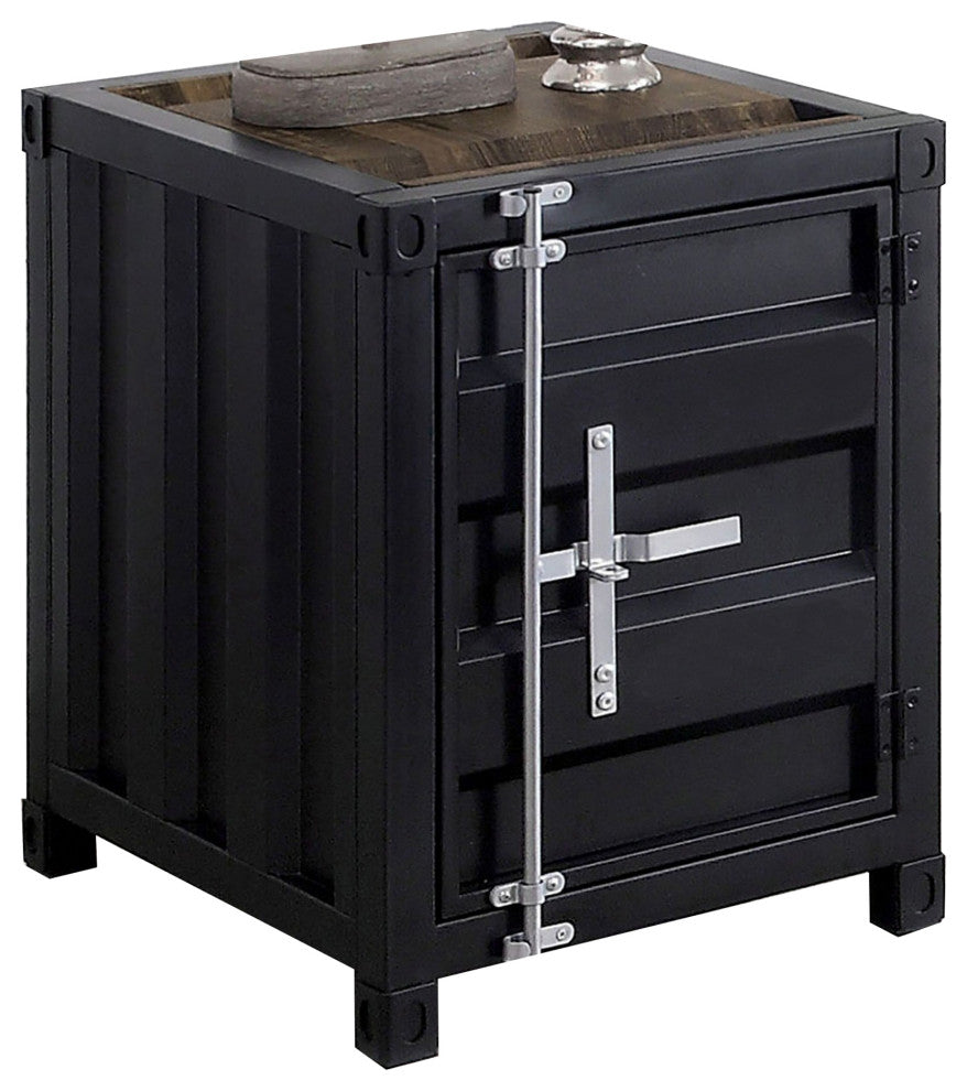 Benzara BM233861 Industrial Style End Table With Sliding Door Storage, Black