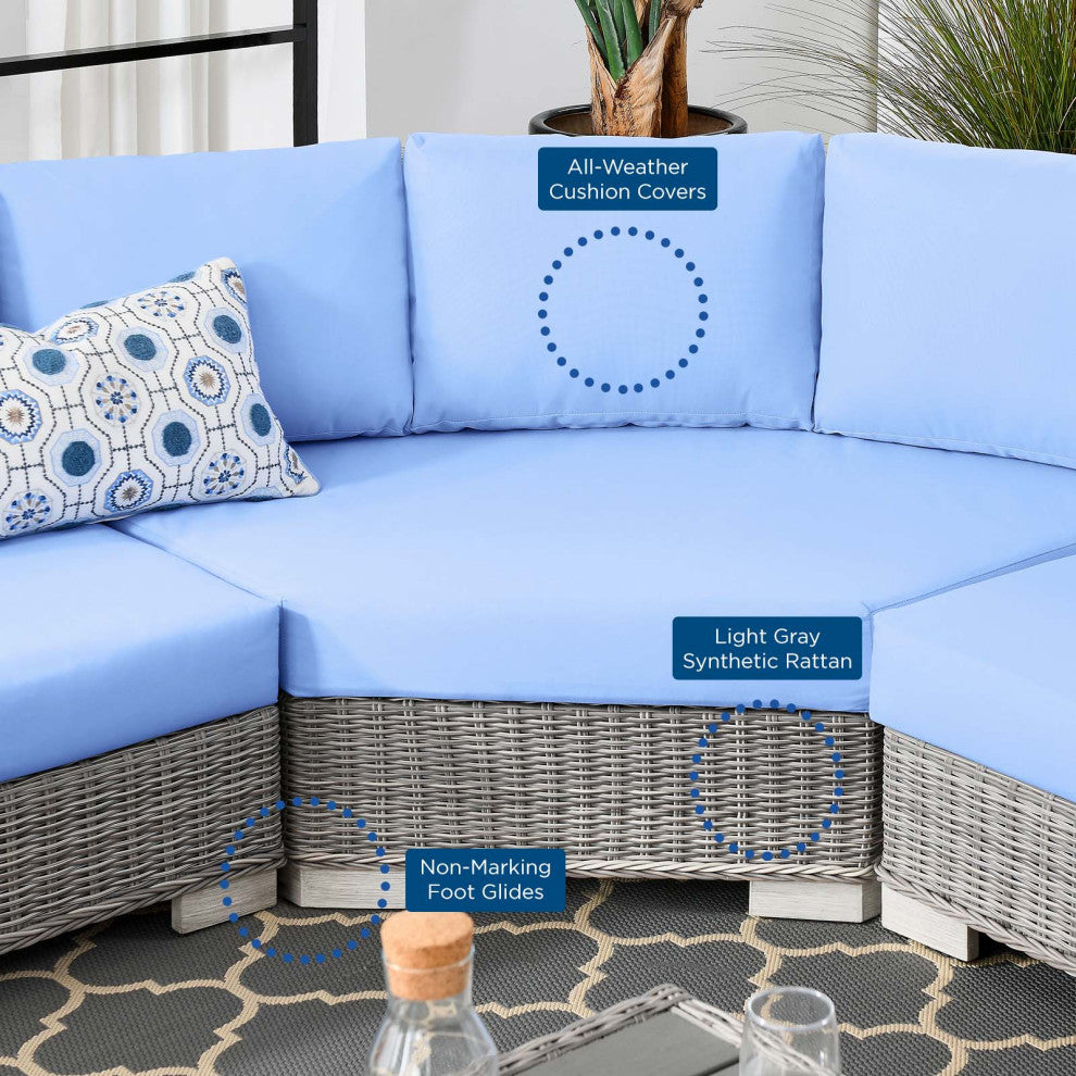 Lounge Sectional Sofa Chair Table Set, Rattan, Wicker, Gray Blue, Outdoor
