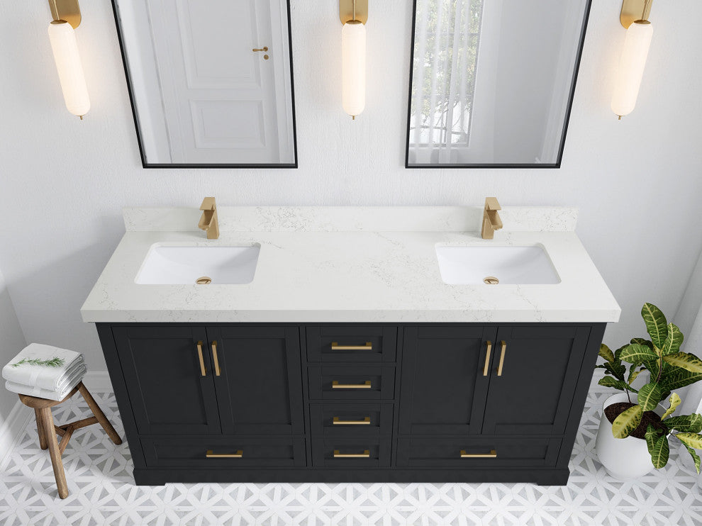 Boston 72" Double Sink Bath Vanity, Wrought Iron 2" Empira Quartz