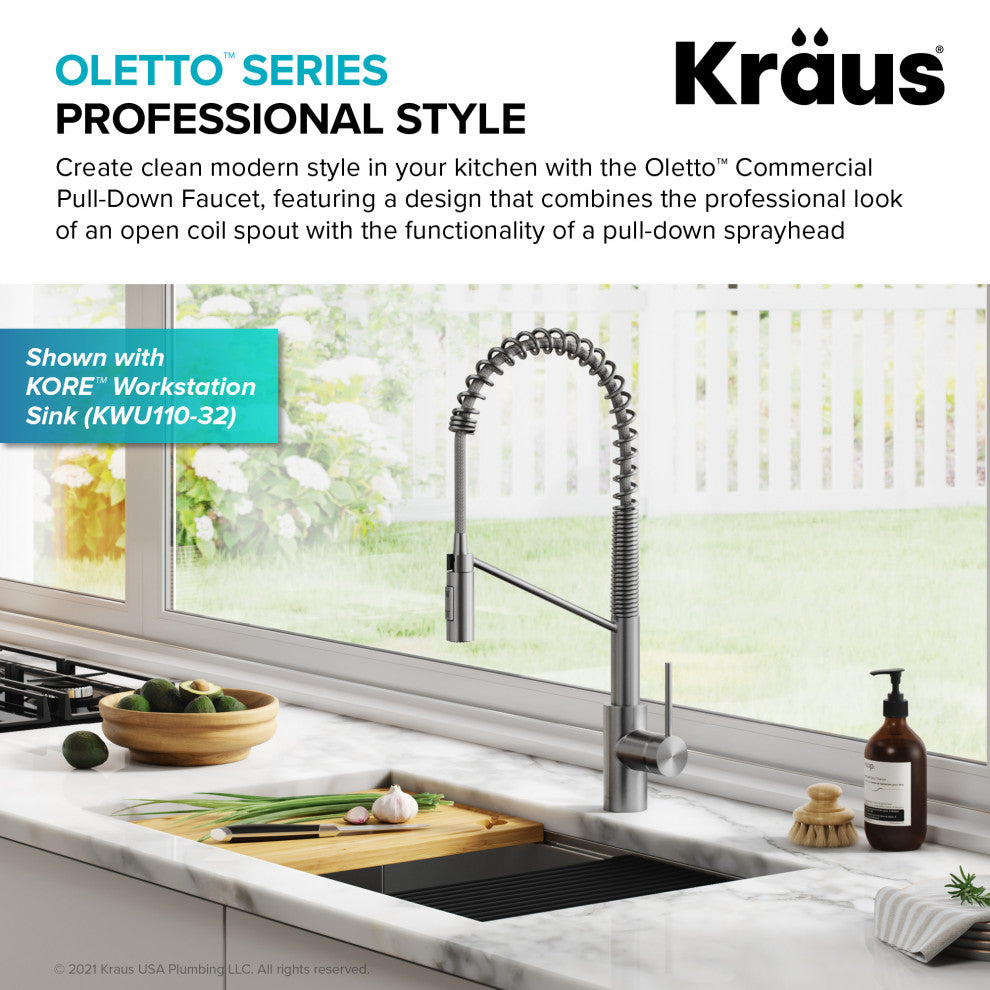 Oletto Commercial Pull-Down 1-Hole Kitchen Faucet, SFS Steel