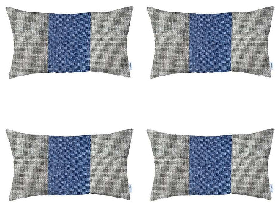Set of 4 White and Blue Lumbar Pillow Covers