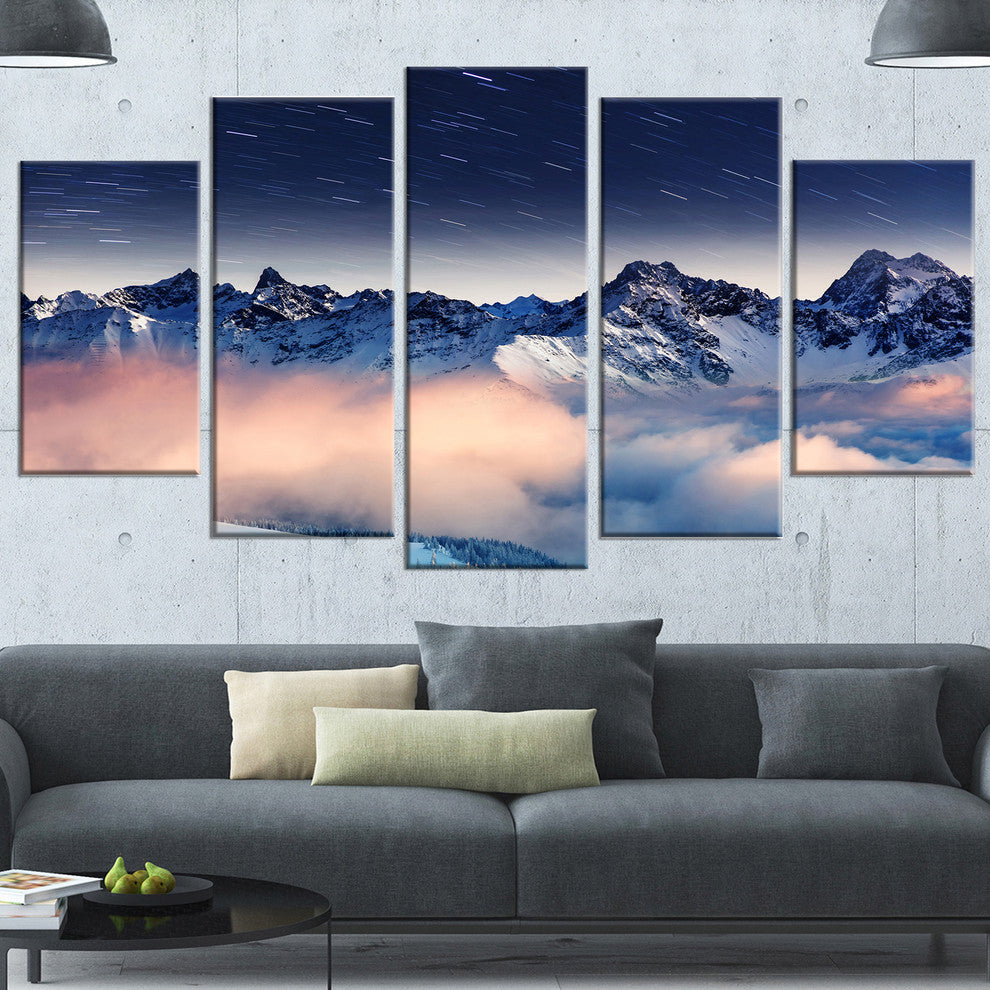 Milky Way Over Frosted Mountains, Landscape Canvas Art Print, 60"x32", 5 Panels