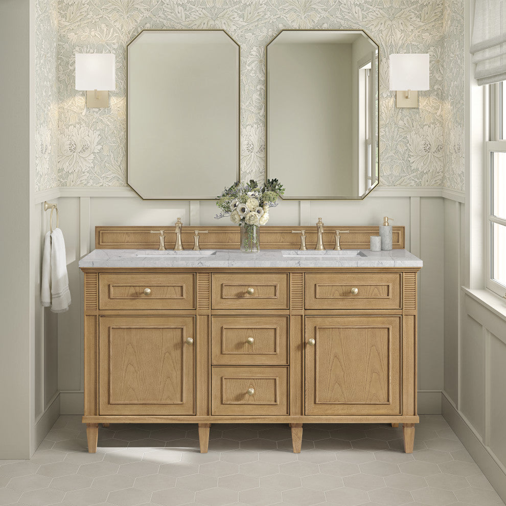 Lorelai 60" Double Vanity, Light Natural Oak, 3 CM Eternal Jasmine Pearl Top