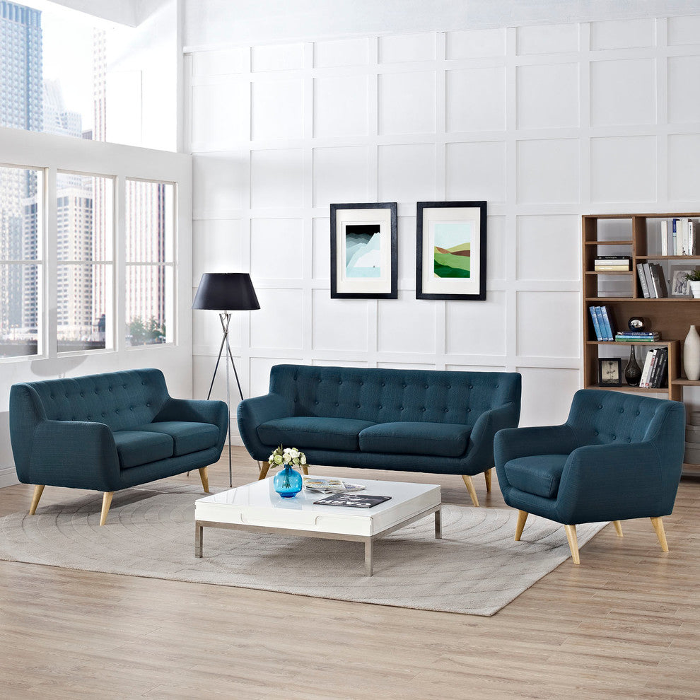 Modern Contemporary Living Room 3-Piece Set, Navy, Fabric, Plywood