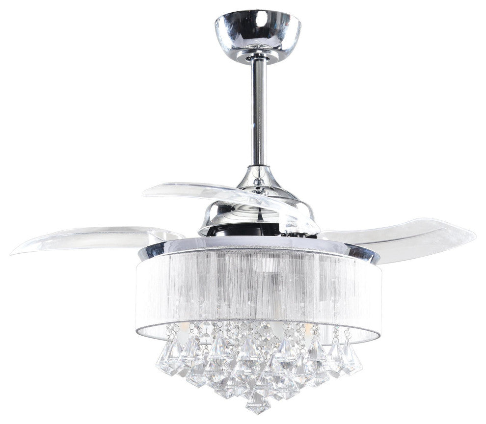 36 Inch Chrome Crystal Ceiling Fan With Remote, Retractable Blades