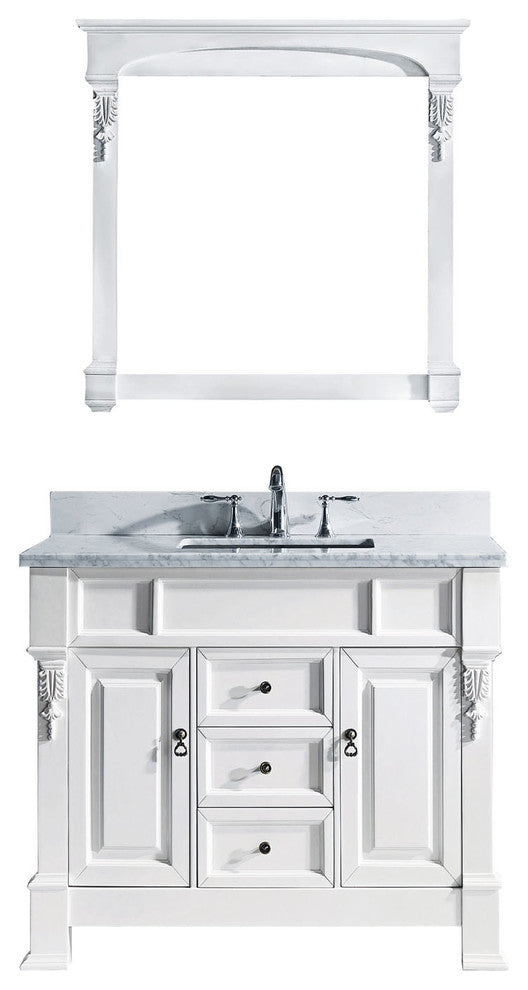 Virtu Huntshire 40" Single Bathroom Vanity, White With Marble Top, With Mirror