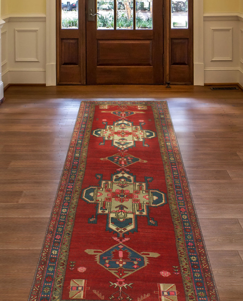 Fine Vintage Distressed Adilynn Red/Blue Runner, 3'6x10'10