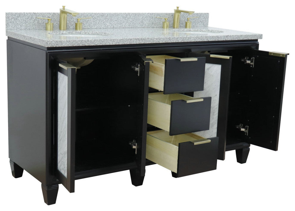 61" Double Sink Vanity, Black Finish With Gray Granite And Oval Sink