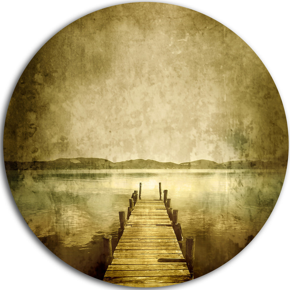 Vintage Pier Over Lake, Landscape Digital Art Round Wall Art, 38"