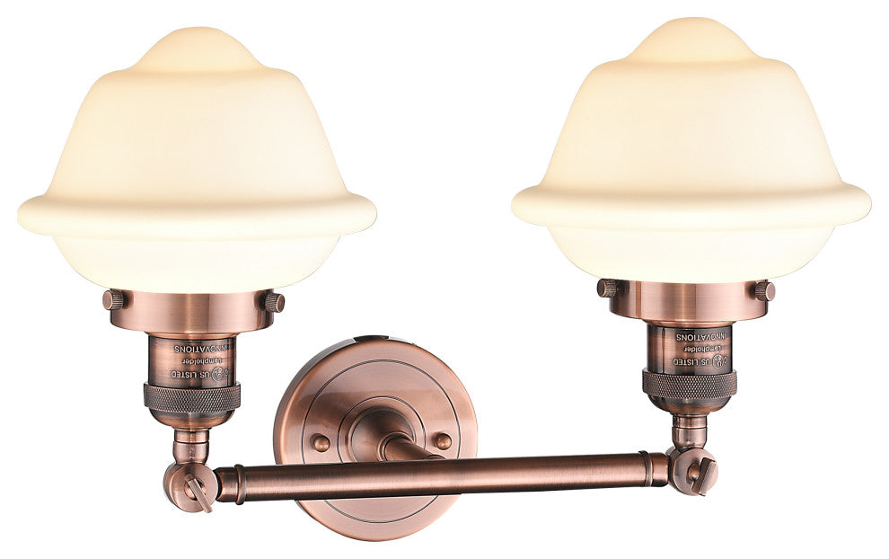 2-Light Oxford 17" Bath Fixture, Antique Copper, Glass: White Cased