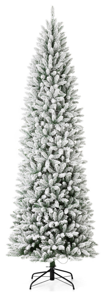 9ft Pre-Lit Flocked Pencil Fir Artificial Christmas Tree With 600 Warm Light