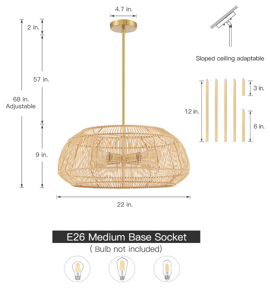 22" W 4 Light Rattan Pendant Chandelier With Brass Canopy
