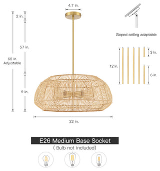 22" W 4 Light Rattan Pendant Chandelier With Brass Canopy
