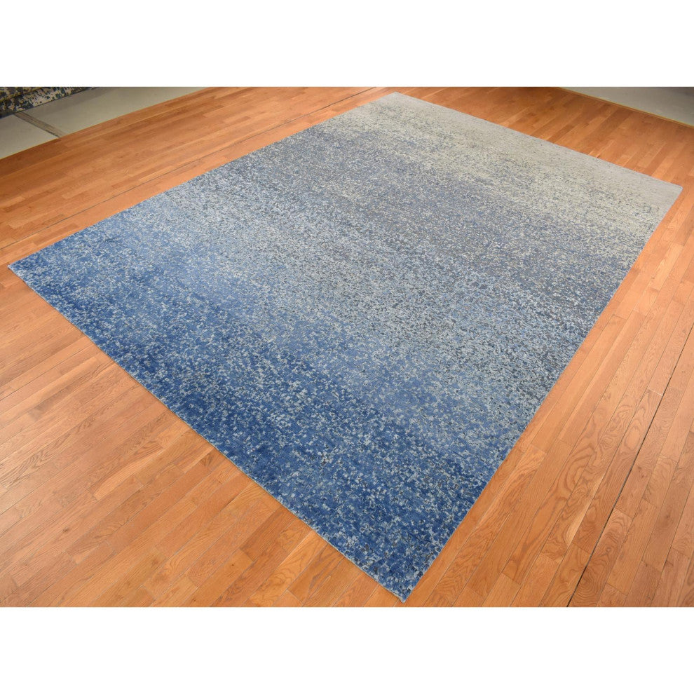 Yale Blue Wool and Silk Modern Gradation Design Hand Knotted Rug 10'x14'