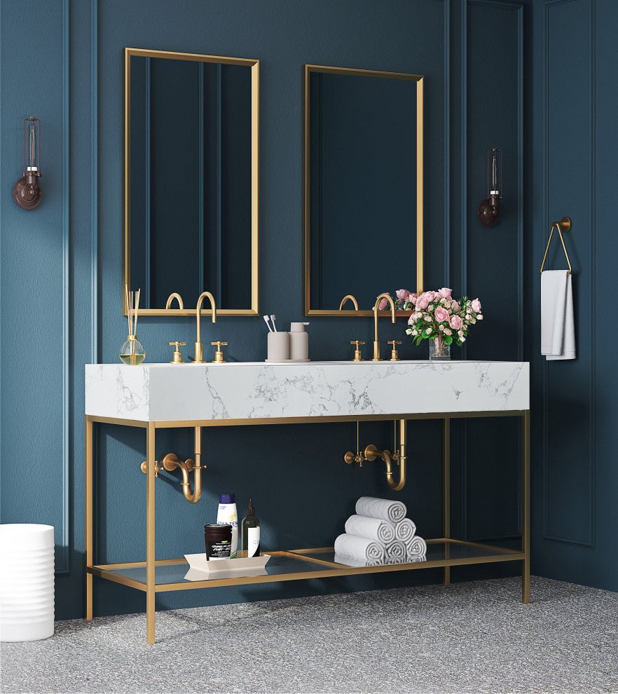 Marmo Bathroom Vanity, White, 60" Wide, Brushed Brass Finish