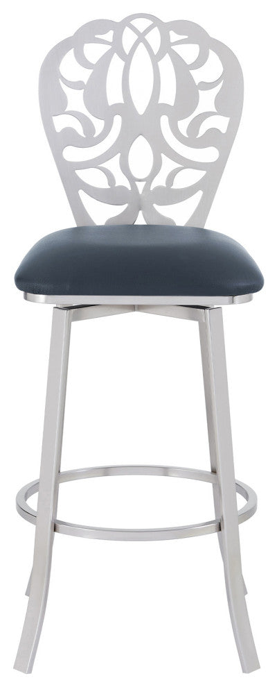30" Gray Faux Leather Scroll Brushed Stainless Steel Swivel Bar Stool