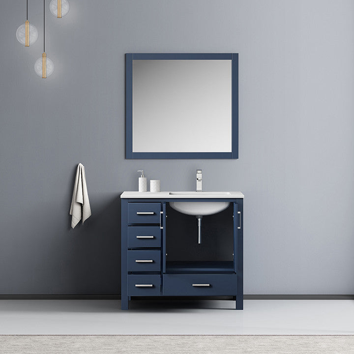Jacques 36" Vanity, Wht Carrara Marble Top w/ 34" Mirror, Navy Blue, Right
