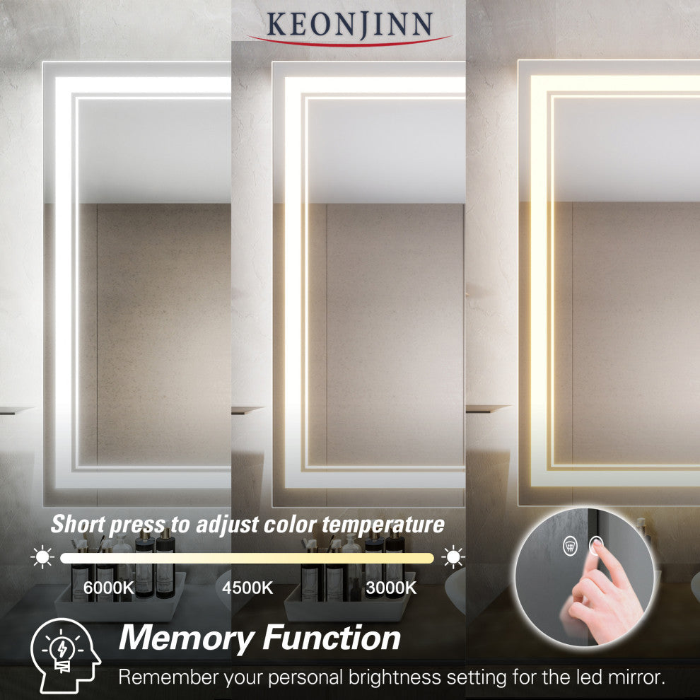 3-Colors LED Bathroom Mirror, Anti-Fog Memory Dimmable, Sliver, 40x32