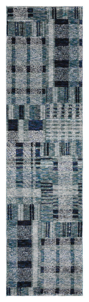 Aegina Distressed Plaid Area Rug, Blue, 2'3" X 8'