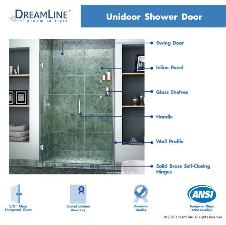 DreamLine Unidoor 42" to 43" Frameless Hinged Shower Door, Clear Glass, Chrome