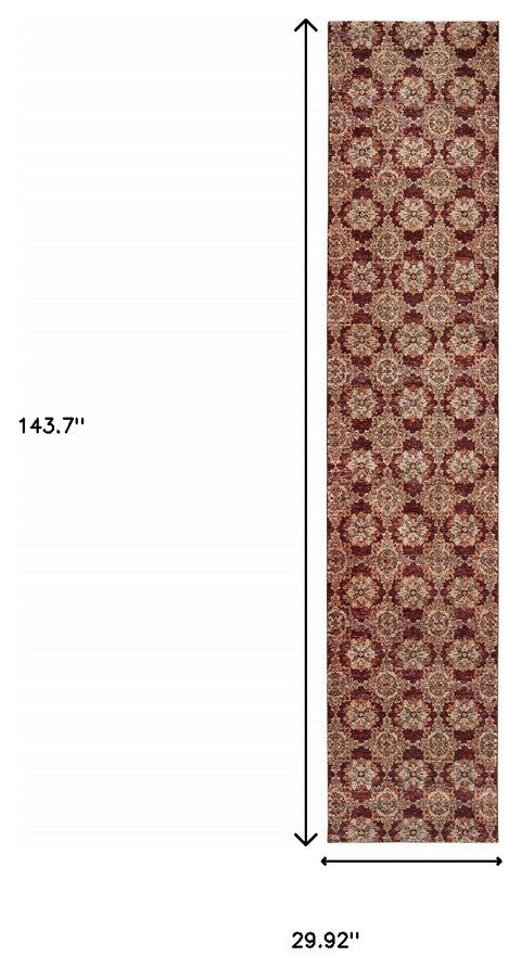 12' Runner Red and Gold Oriental Power Loom Runner Rug