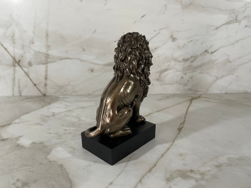 Sitting Bronze Lion Statue on Black Base By Veronese Design