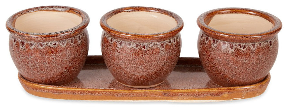 Brown Round Ceramic Small Planter 3-Piece Set