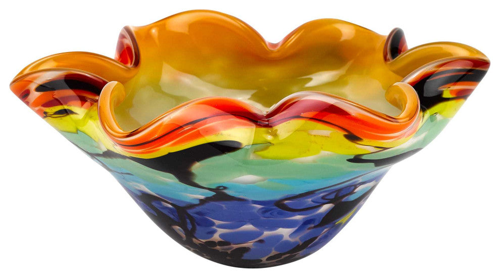 9" Rainbow Multi Art Glass Wavy Centerpiece Bowl