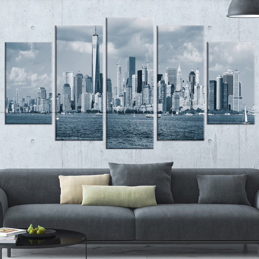"Lower Manhattan Panorama Black White" Cityscape Wall Art, 5 Panels, 60"x32"