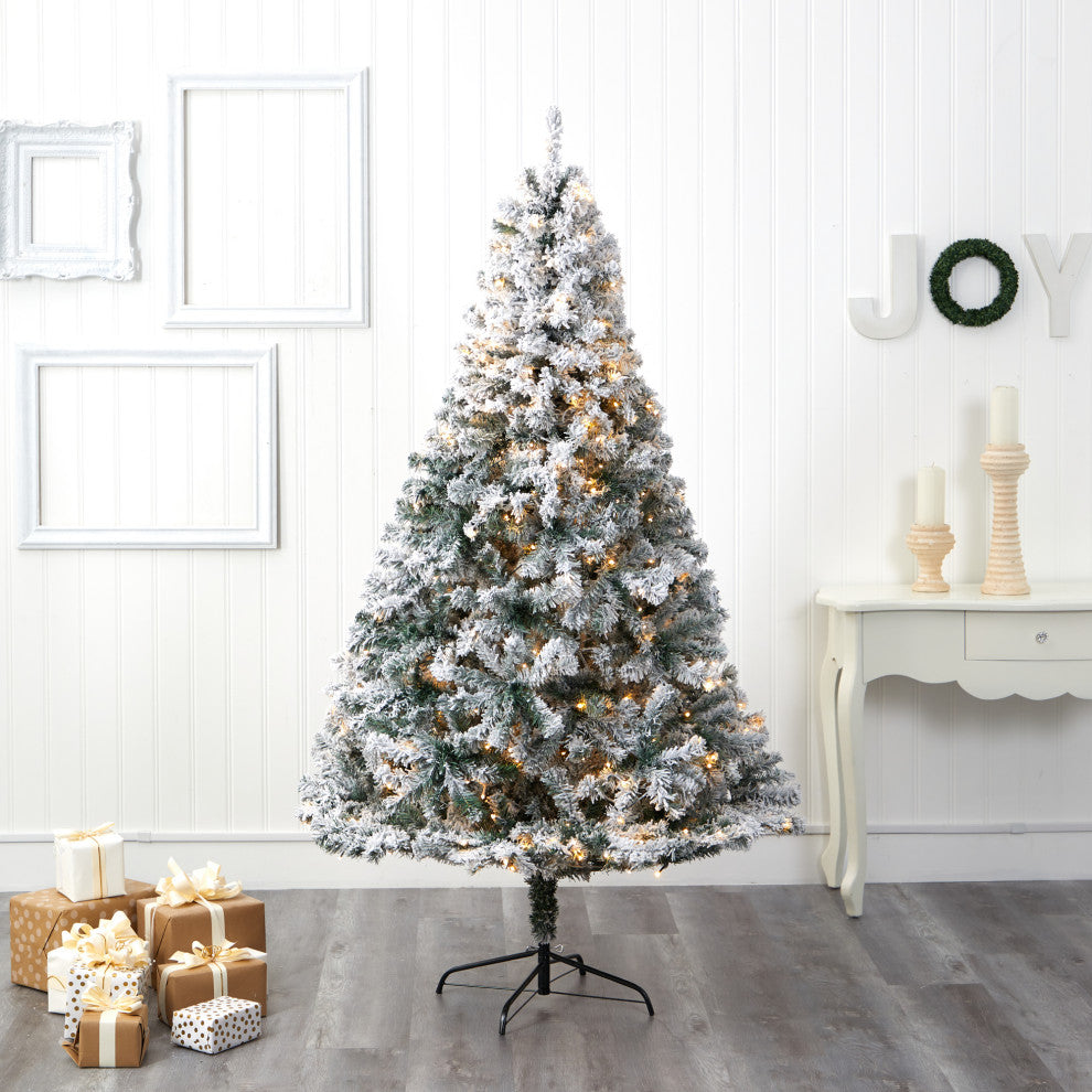 7' Flocked Rock Springs Spruce Faux Xmas Tree W/ Lights & Bendable Branches