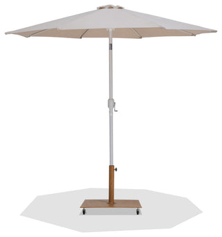 Fiji Patio Umbrella and Base, Beige, Matte White Pole, Teak Belize Base