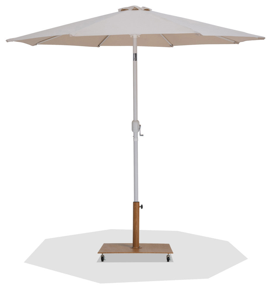 Fiji Patio Umbrella and Base, Beige, Matte White Pole, Teak Belize Base