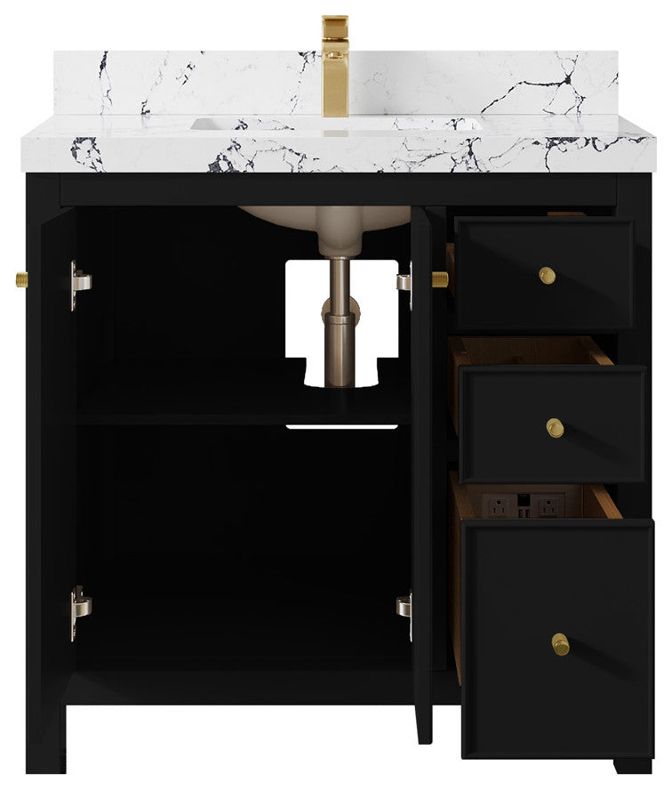 Chicago 36" Center Sink Bathroom Vanity, Black 2" Viola Night
