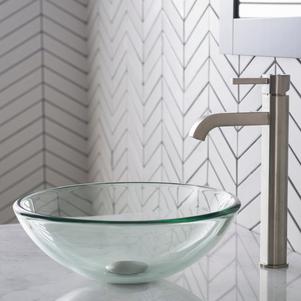 Glass Vessel Sink, Bathroom Ramus Faucet, PU Drain, Mounting Ring, Nickel