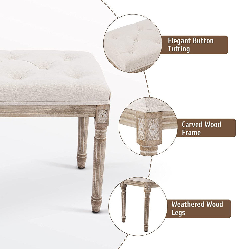 Extra-Long French Vintage Bench with Padded Seat & Rubberwood Legs